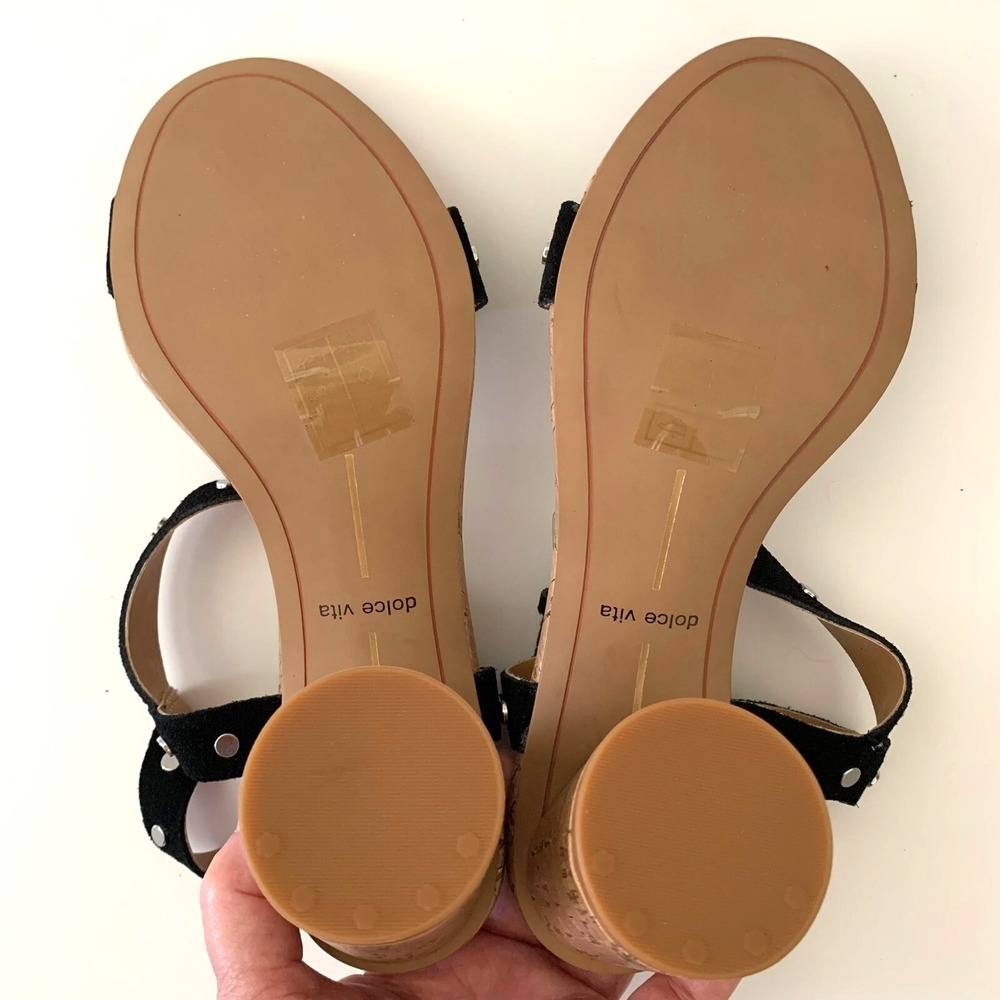 New Dolce Vita Jalina Studded Black Suede Leather Sandals Round Cork Heel 6 - Picture 7 of 12